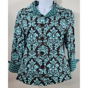 Bentley A Teal Brown Floral Print Button Up Blazer 6 Lightweight Collard Soft